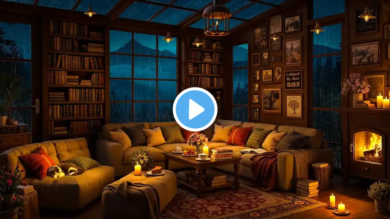 Rainy Night Retreat ~ Cozy Cabin with Smooth Jazz Music, Rain, and Fireplace Sounds for Reading