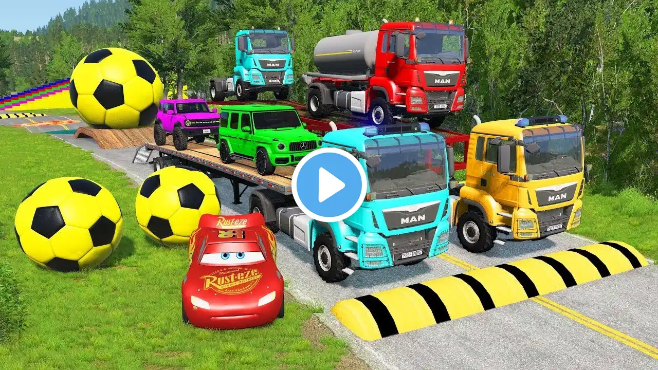 TRANSPORTING PIXAR CARS & FRUITS WITH COLORED & JOHN DEERE vs CLAAS vs TRACTORS - BeamNG.drive #983