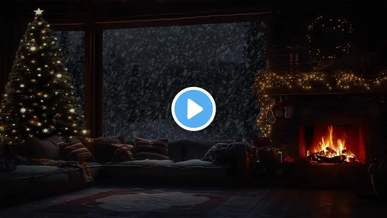 🎄Warm Cabin Retreat | Christmas Ambience with Crackling Fireplace and Whistling Blizzard Winds