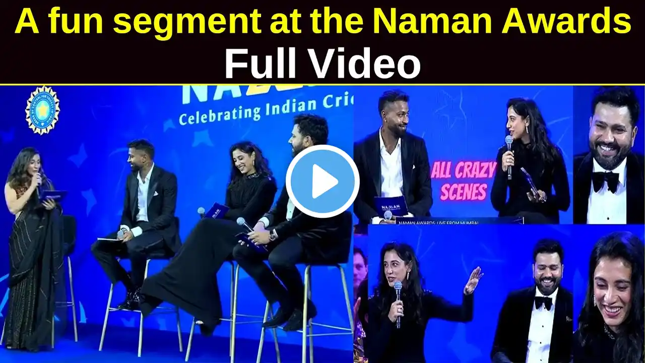 A fun segment at the Naman Awards with Rohit Sharma, Hardik, Jemimah Rodrigues, and Smriti Mandhana