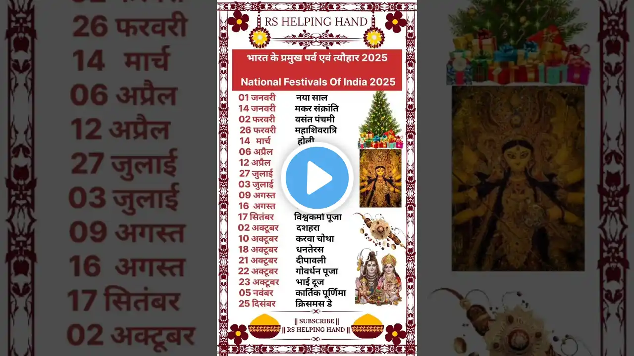 भारत के प्रमुख पर्व एवं त्यौहार 2025 | 2025 के प्रमुख पर्व त्यौहार#shorts #ytshorts #festival #india