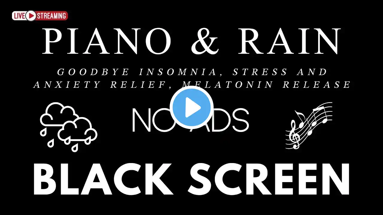 Piano Music & Rain Sounds No Ads Live Stream | Black Screen for Peaceful Relaxation, Insomnia Relief