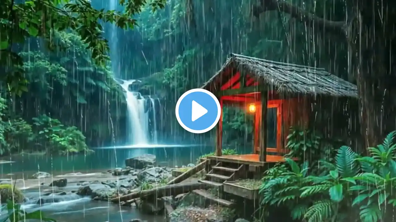 Experience the soothing sounds of night rain falling on a cozy cabin in the woods