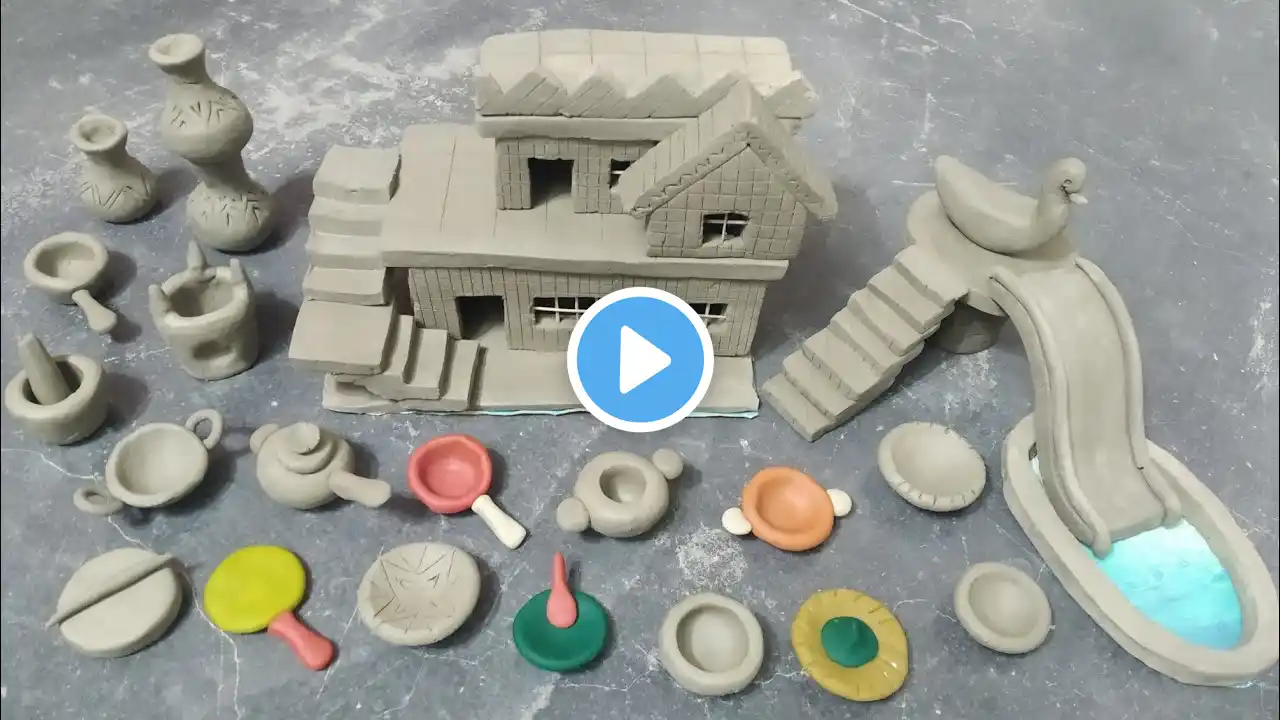 Miniature Clay House || How To Build A Two Story Tiny House, Swimming Pool & Kitchen Set || Clay Pot