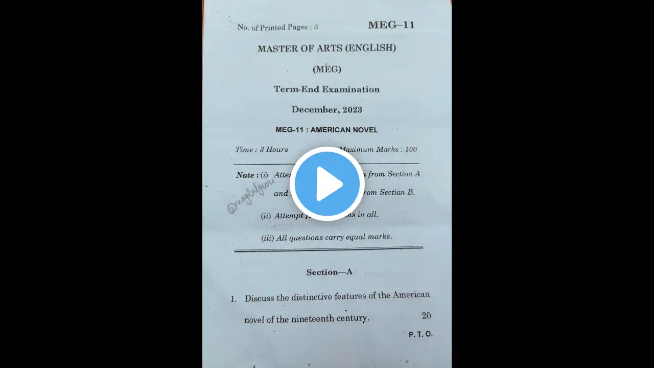 MEG 11 Question paper term end examination December 2023 | American Novel question paper | IGNOU