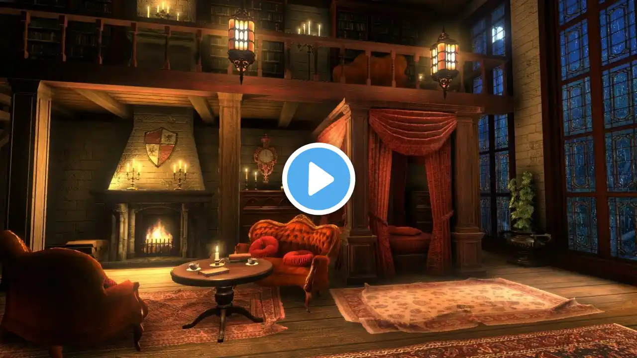 Cozy Castle Room with Rain, Thunderstorm & Fireplace Sounds to Sleep, Relax and study