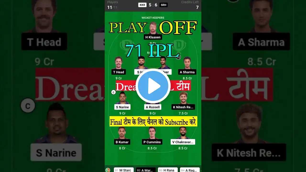 KKR vs SRH Dream11 Prediction | SRH vs KKR Dream11 Team Play-Off | #kkrvssrh #srhvskkr #dream11 #yt