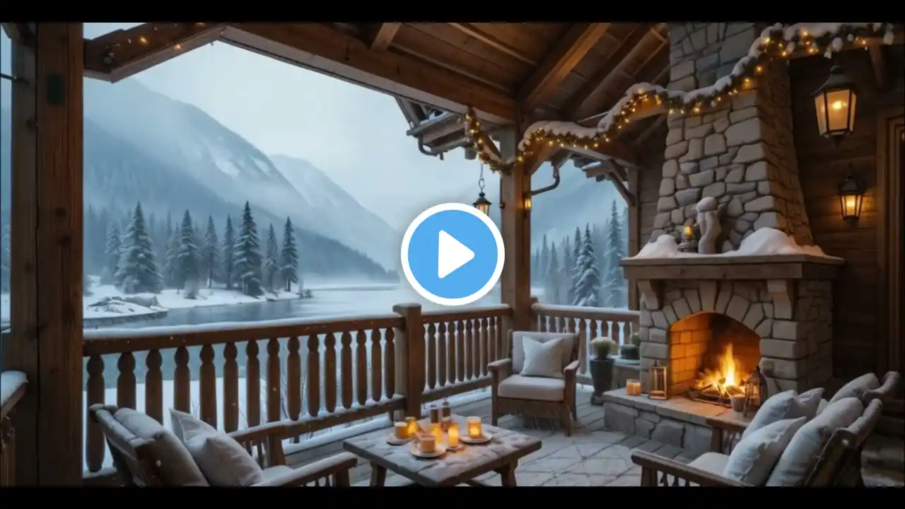 Cozy house with crackling fireplace on the veranda, sunset sky and mountains in the background