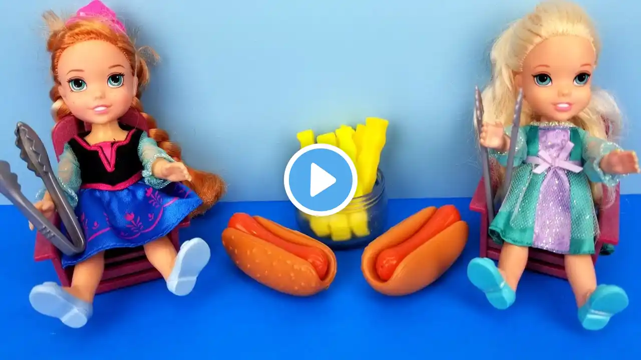 Barbecue ! Elsa and Anna toddlers - BBQ contest - Barbie - ketchup - hotdog burgers - picnic - food