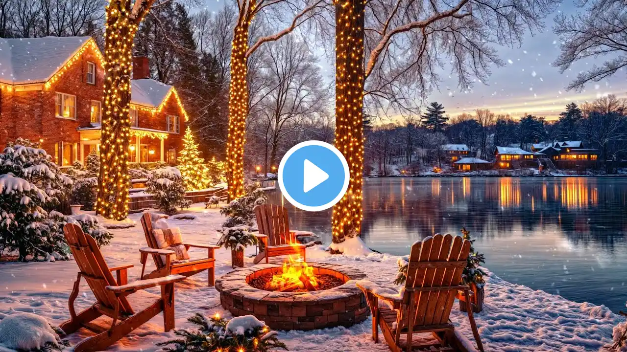 Perfect Christmas Evening by the Lake: Cozy Fire pit and Snow Falling. Winter Ambience for Bliss