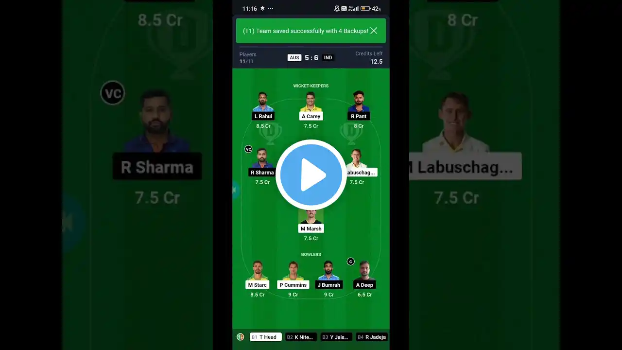 Ind vs aus dream 11 prediction 100%1runk💀 #ausvsind #dreaam11team #today #1cr #my11circle