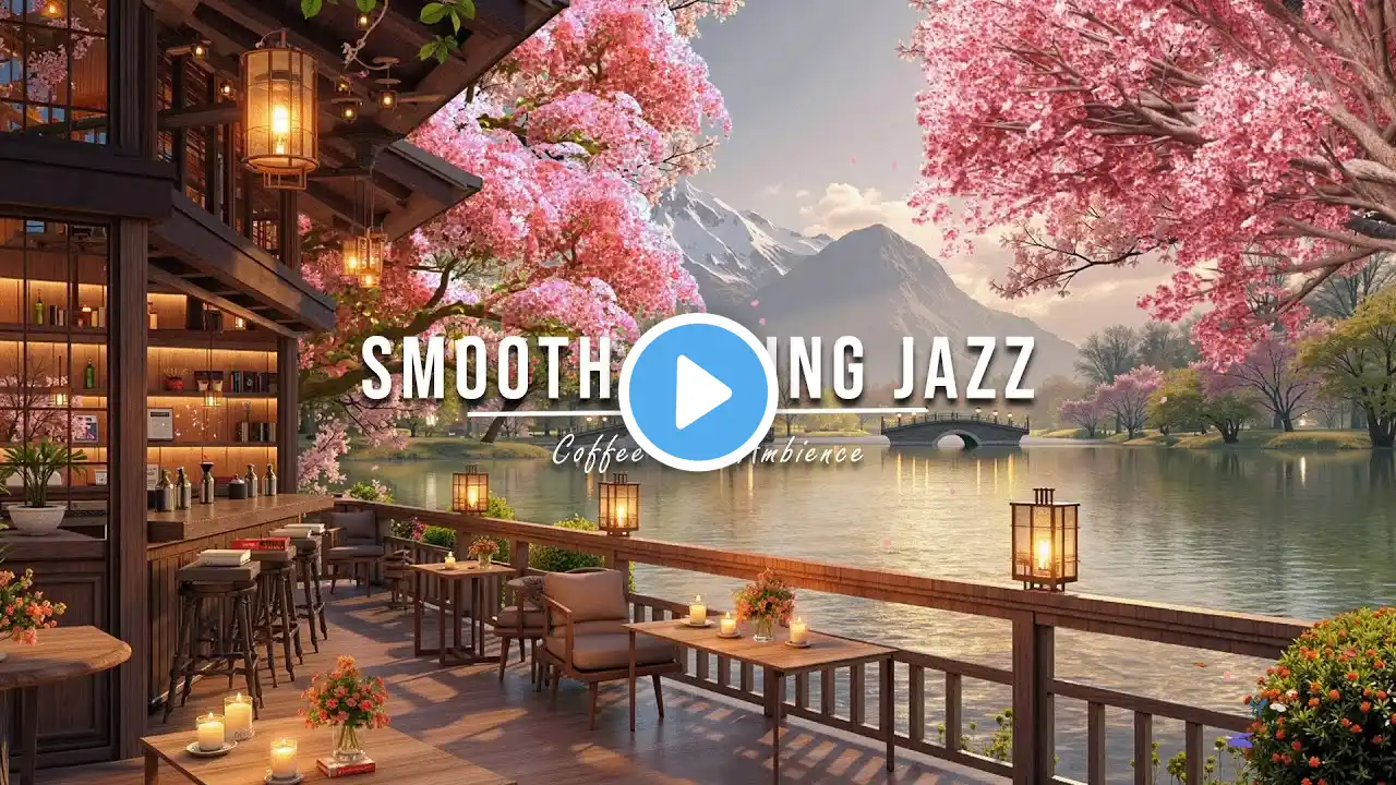 Cozy Outdoor Café Shop Ambience with Smooth Jazz 🌸 Cherry Blossoms & Coffee for a Perfect Spring Day