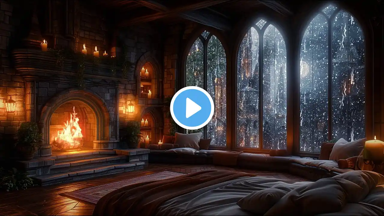 Stormy Night in this Cozy Castle Room with Thunder, Rain and Fireplace Sounds Therapy | 8 Hours