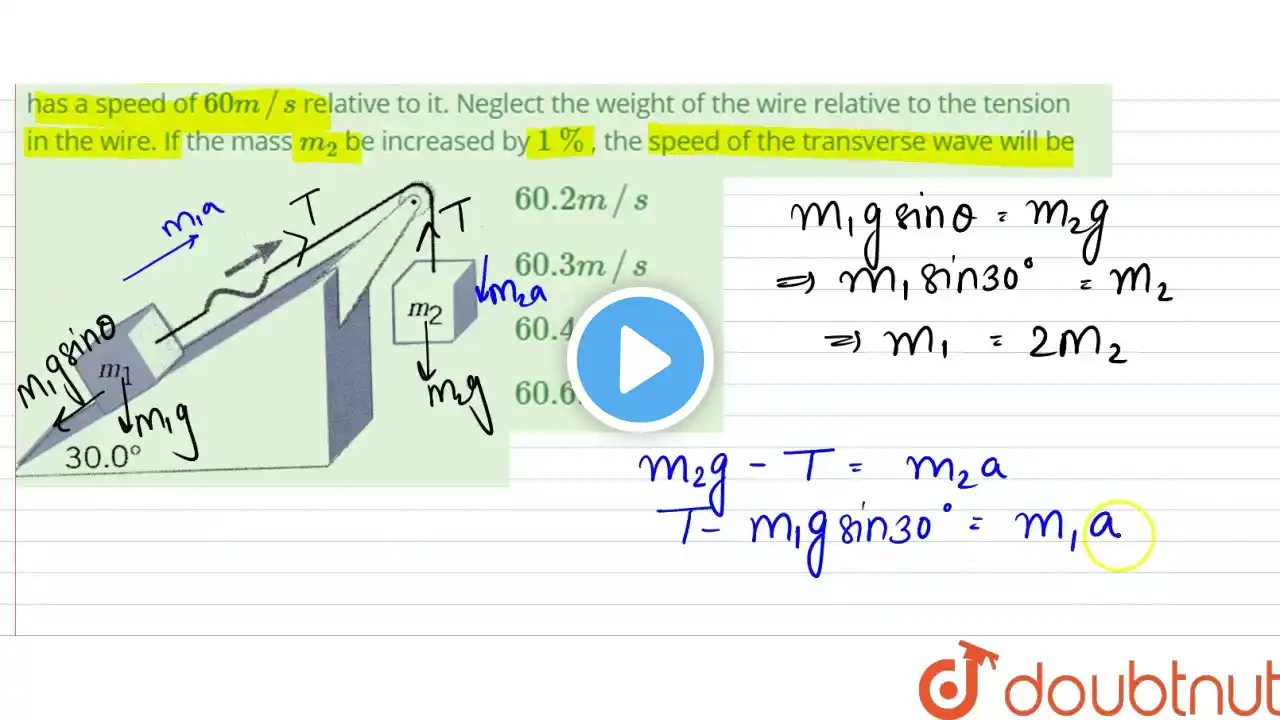 The drawing shows a frictionless incline and pulley. The two blocks are connected by a wire (mas...