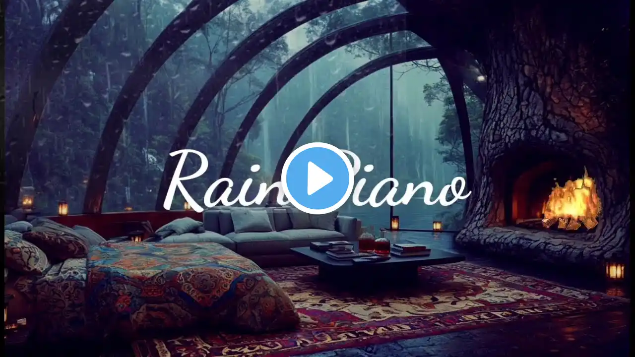 Serene Rain Sounds and Piano – Cozy Atmosphere in a Wooden Lodge for Relaxation