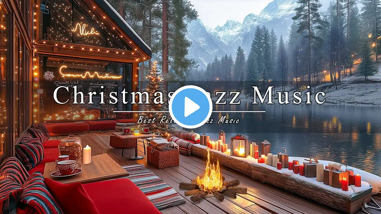 Lakeside Coffee Porch Ambience with Christmas Jazz Instrumental Music & Crackling Fireplace to Relax