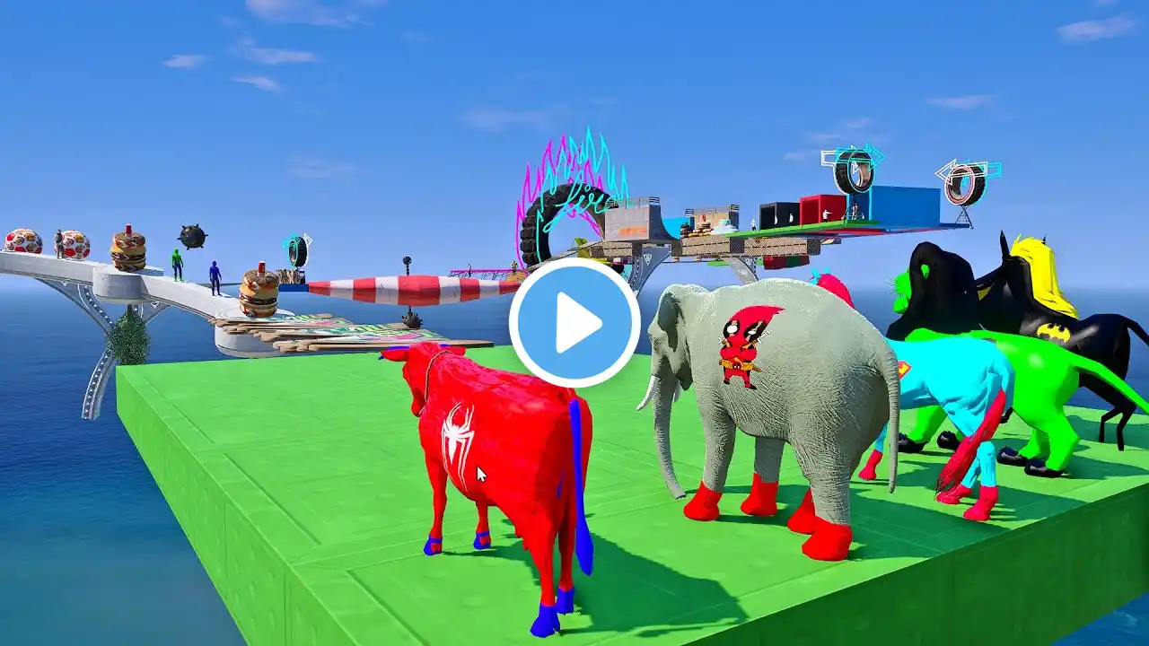 Long Slide Game With Elephant Gorilla Buffalo Hippopotamus Tiger - 3d Animal Game - Funny 3d Animals