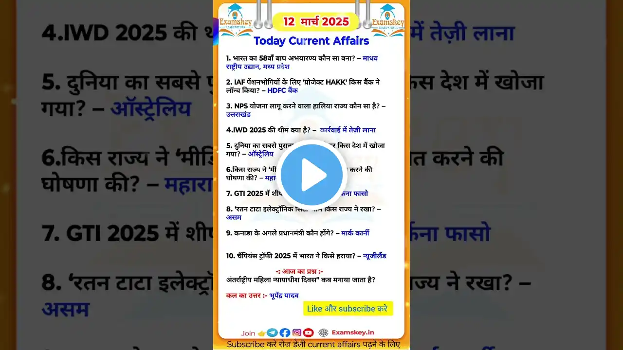 करेंट अफेयर्स 12 मार्च 2025 । today current affairs #currentaffairs #sscchsl  #upsc #oneday  #relway