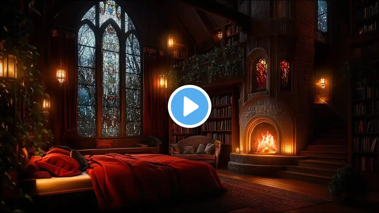 🔴24/7 Rain, Fireplace & Thunderstorm Sounds in a Cozy and Warm Castle Room