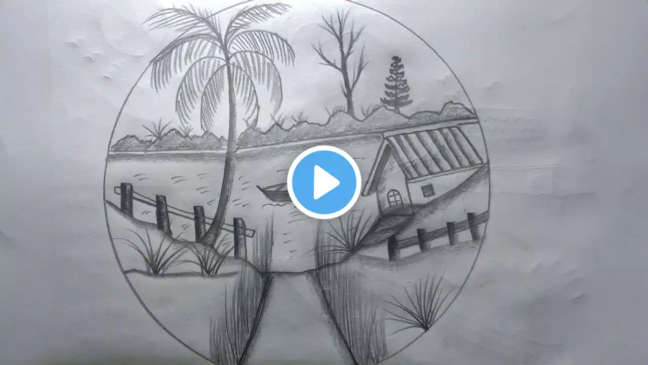 How to draw mountain house scenery ।।  tutorial of circle।।  Draw river side house।। 🏠