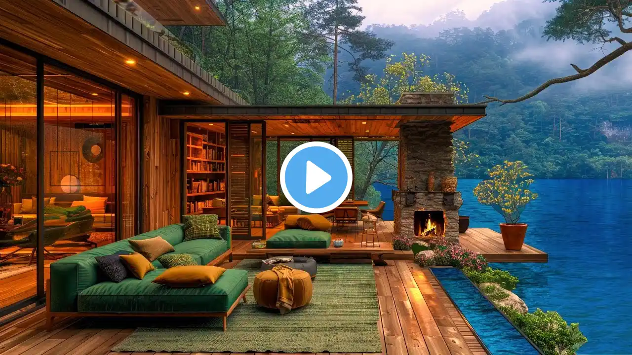 Relaxing Jazz Piano Music | Cozy Spring Porch in Forest Ambience with Fireplace Sounds & Birdsong