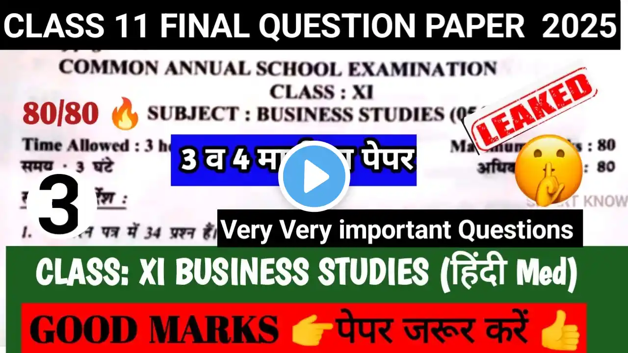 Class 11 Business studies(हिंदी Med)Final exam 2024-25|कक्षा 11 BST annual exam/paper with solution|