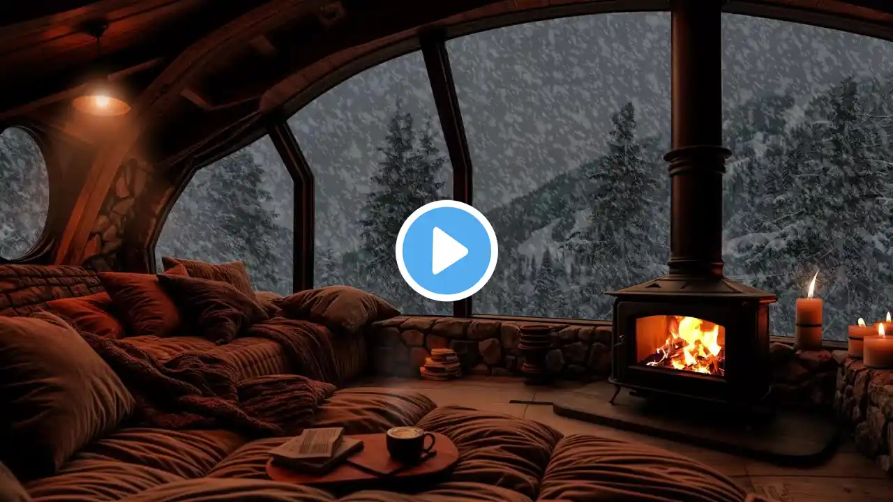 Warm Fireplace & Blizzard Ambience for Reading by the Window | Snowfall Sounds & Candles Burning