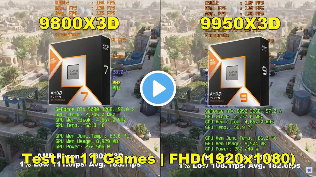 Ryzen 7 9800X3D vs Ryzen 9 9950X3D + GeForce RTX 5090 | Test in 11 Games | FHD(1920x1080)