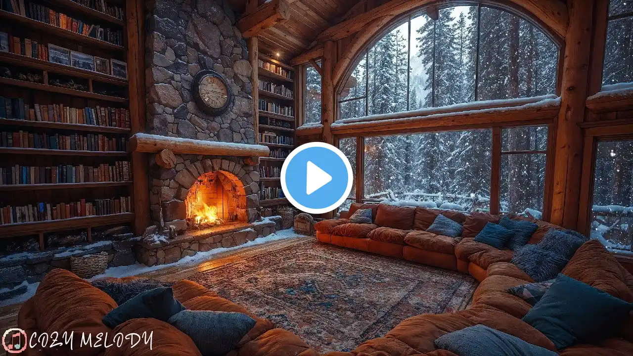 Relaxing Winter Snowfall with Soft Piano Music on Cozy Cabin Ambience ⛄ Fireplace Sounds for Unwind