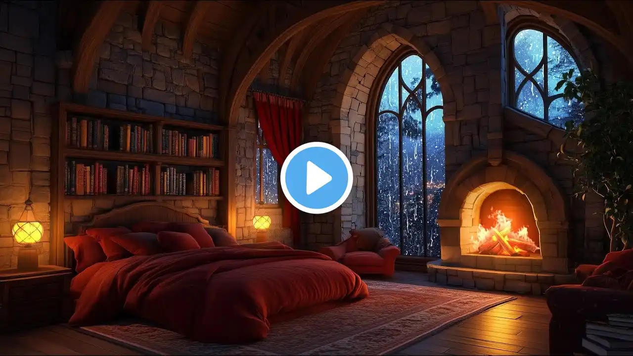 🔴24/7 Fall Asleep in an Instant - Castle Room with Rain, Fireplace and Thunderstorm Sounds