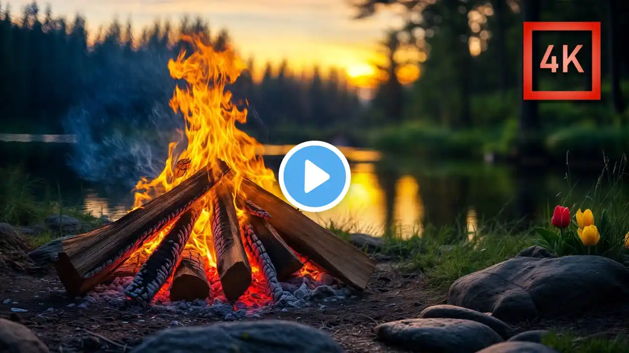 4K CAMPFIRE π 12-Hour Lakeside Ambience β Calm Nature Sounds with Crackling Fire π₯