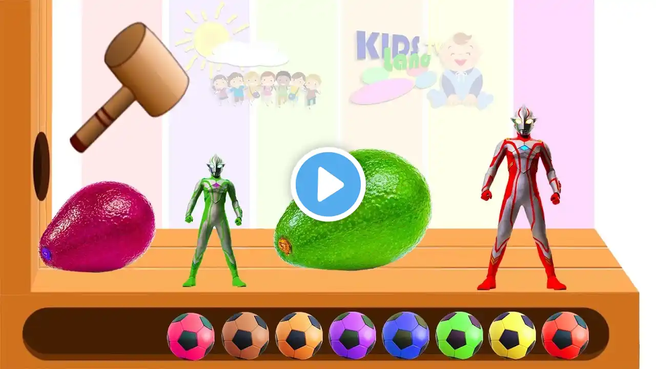 Learn Colors With Ultraman and Avocado WOODEN FACE HAMMER XYLOPHONE Toddlers Soccer Balls For Kids