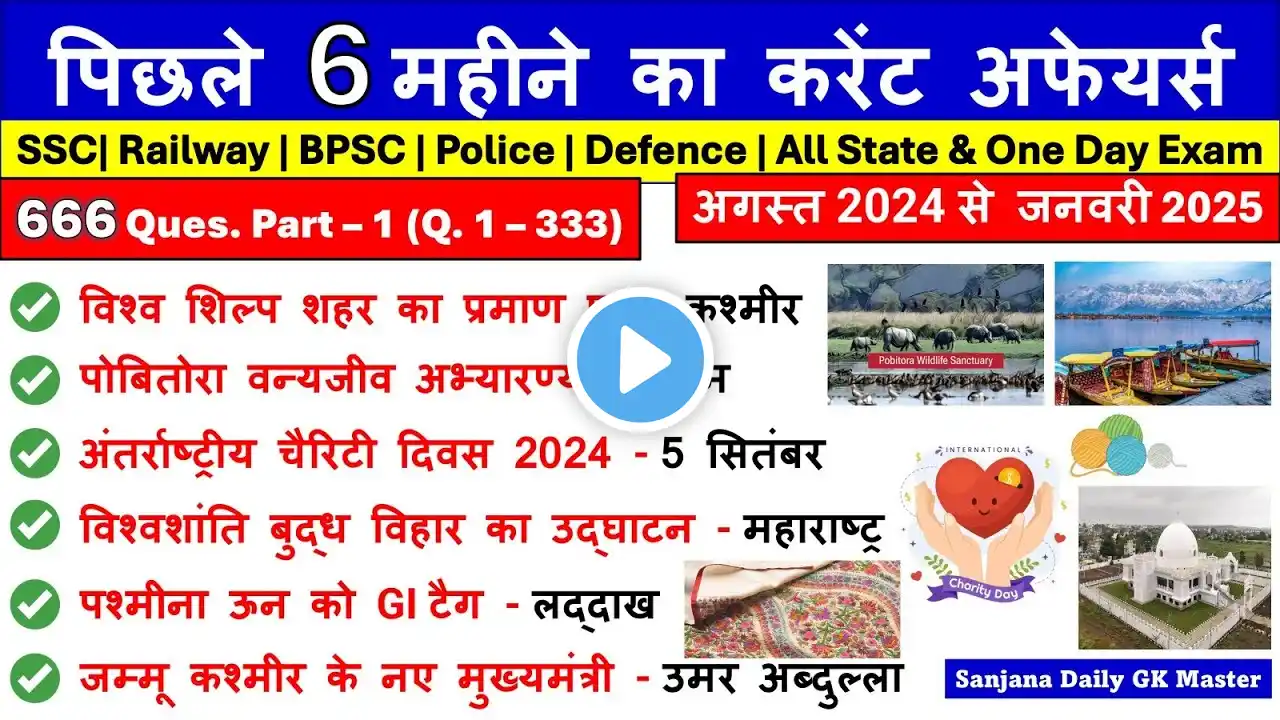 Last 6 Month Current Affairs 2025 Part-1 |August 2024 To January 2025| Important Current Affairs ssc