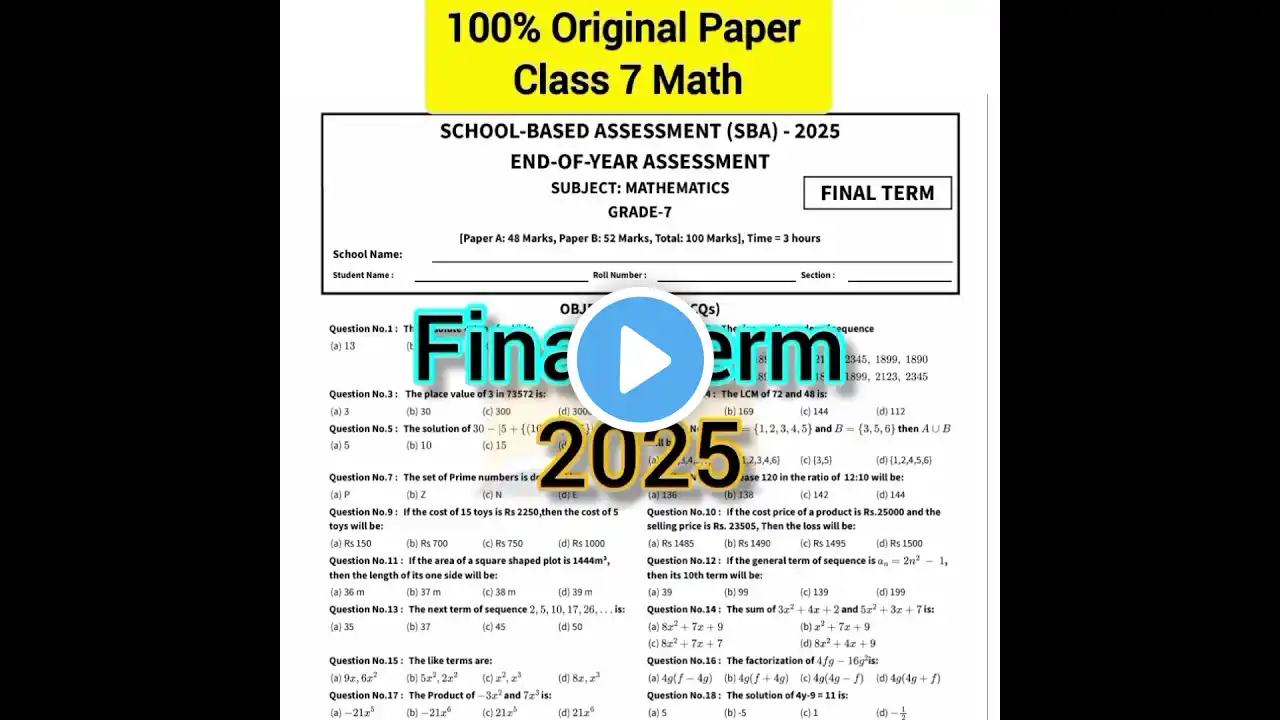 Class 7 Mathematics Final Term Paper School Based Assessment 2025 | SBA Class 7 Math Final Term