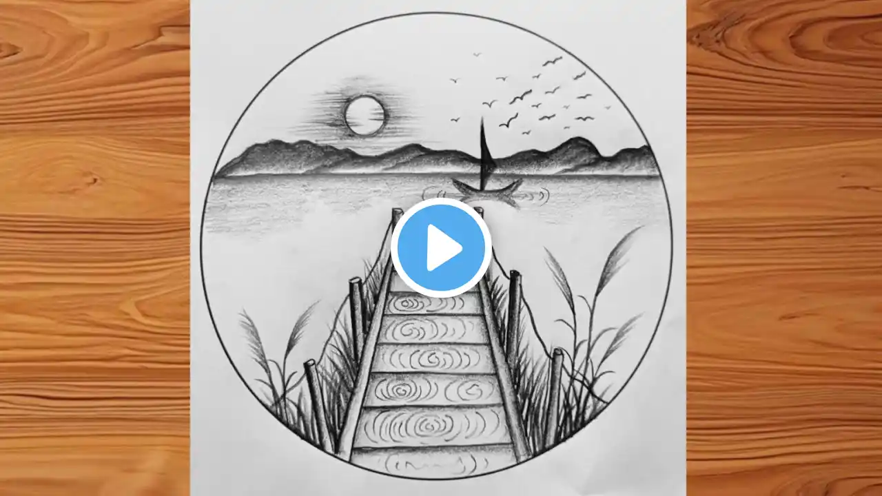 How to draw wood bridge of riverside || Riverside mountain scenery drawing by pencil