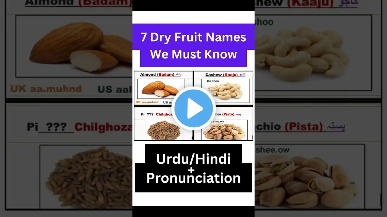 7 Common Dry Fruits Names-Almond,Walnut,Pine Nut,Cashew,Pistachio,Coconut in Urdu with Pronunciation