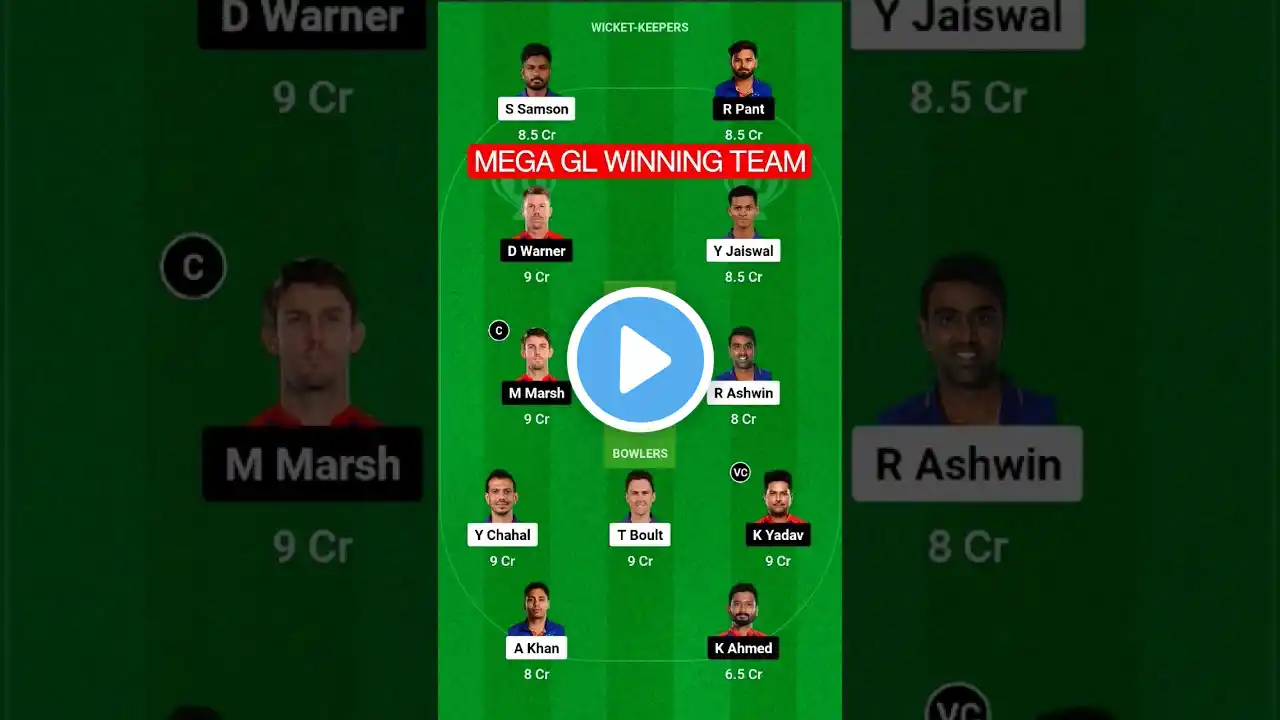 RR VS DC IPL 2024 MATCH FANTASY DREAM 11 PREDICTION TEAM FOR WINNING MEGA GL #shorts #viral #trend