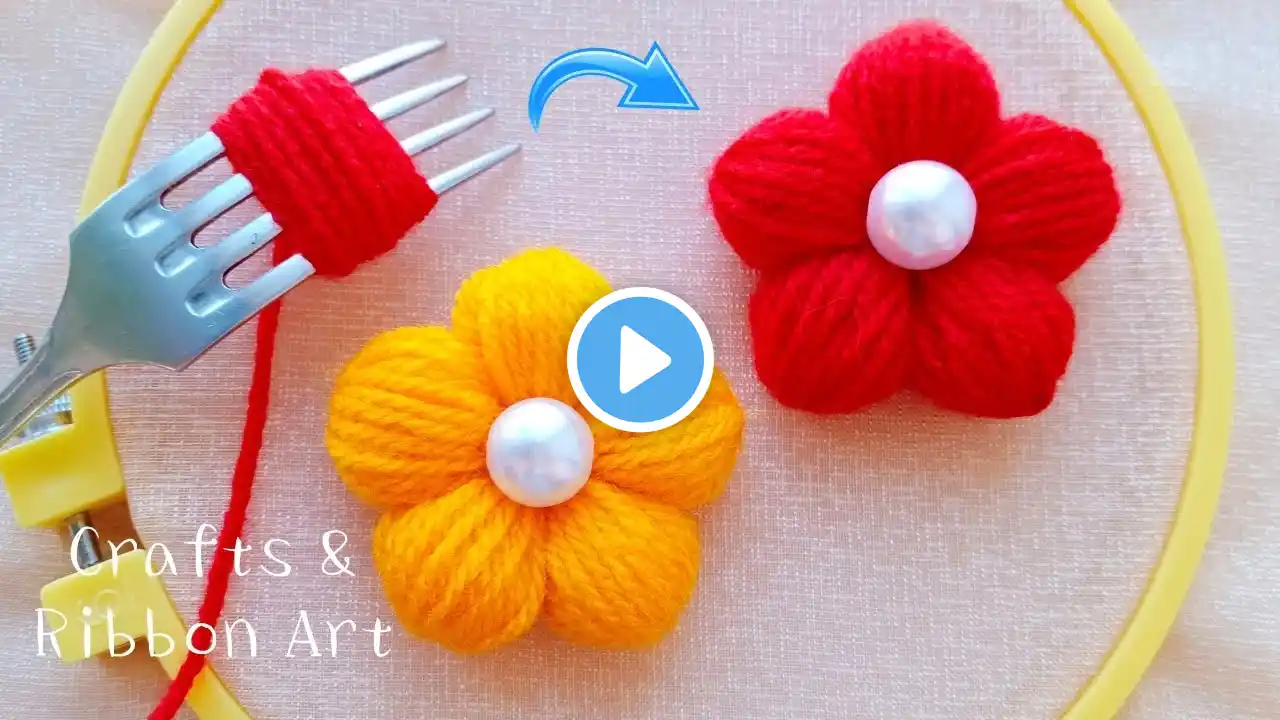 Super Easy Woolen Craft Ideas with Fork - DIY Woolen Flowers - Hand Embroidery Amazing Trick