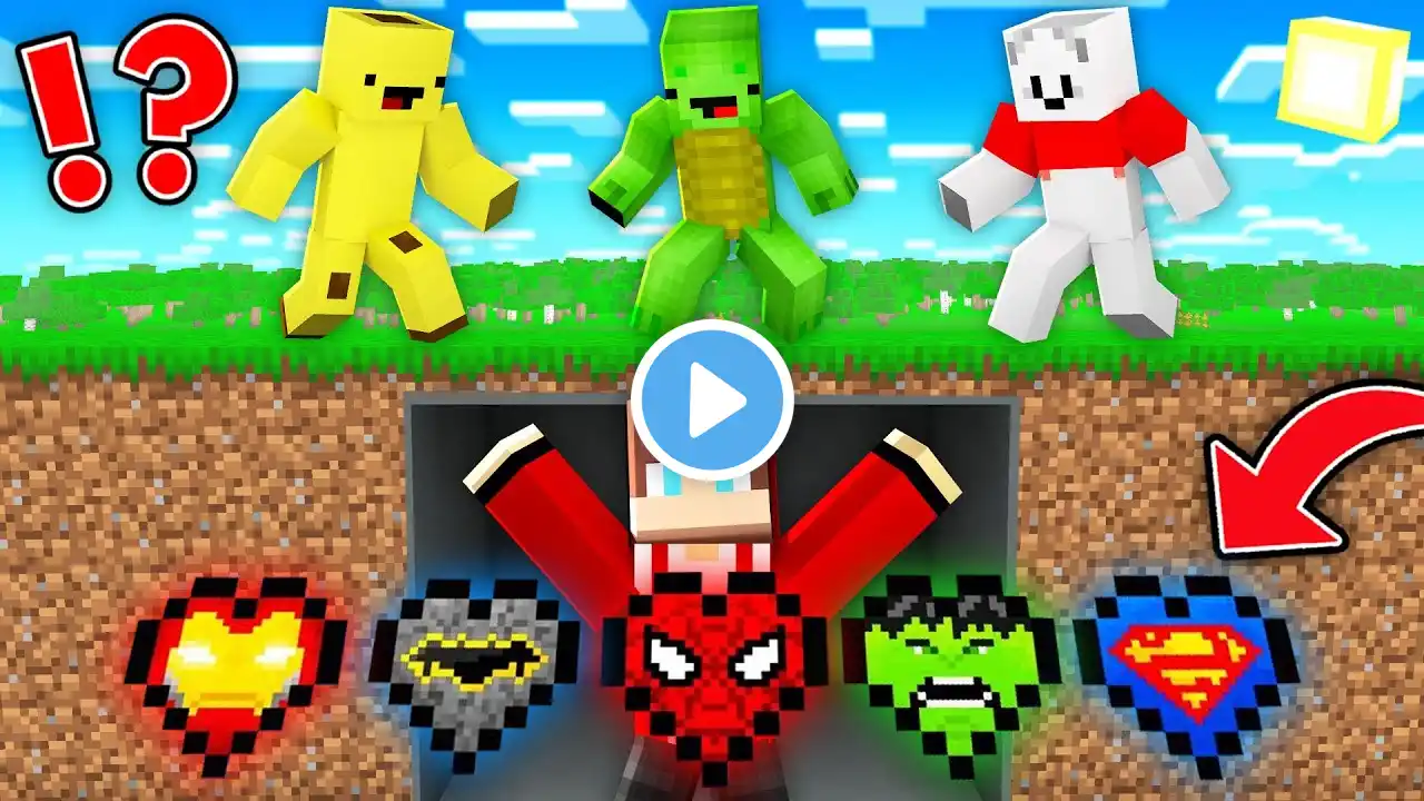 CUSTOM SUPERHERO HEARTS Speedrunner vs Hunters : JJ vs Mikey and Banana Kid in Minecraft Maizen!