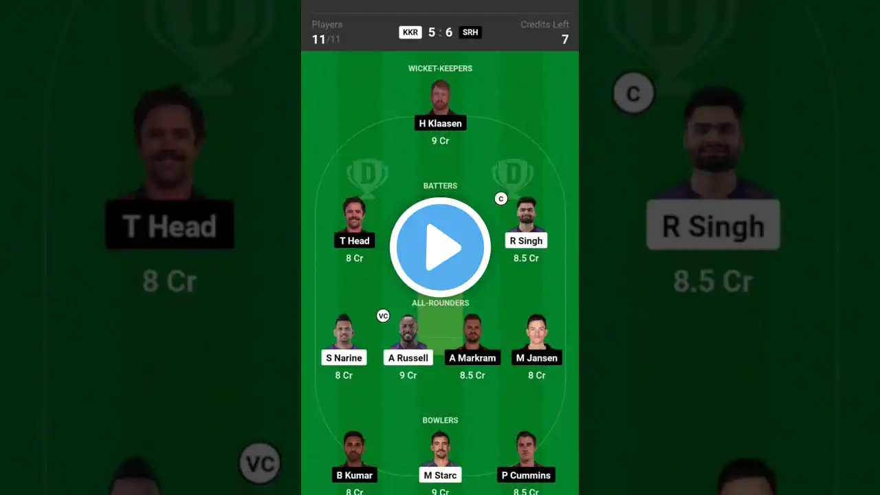 KKR VS SRH | IPL |DREAM11 TEAM SELECTION🥳😎 #ipl #ipl2024 #viral #dream11 #shorts #crickethighlights