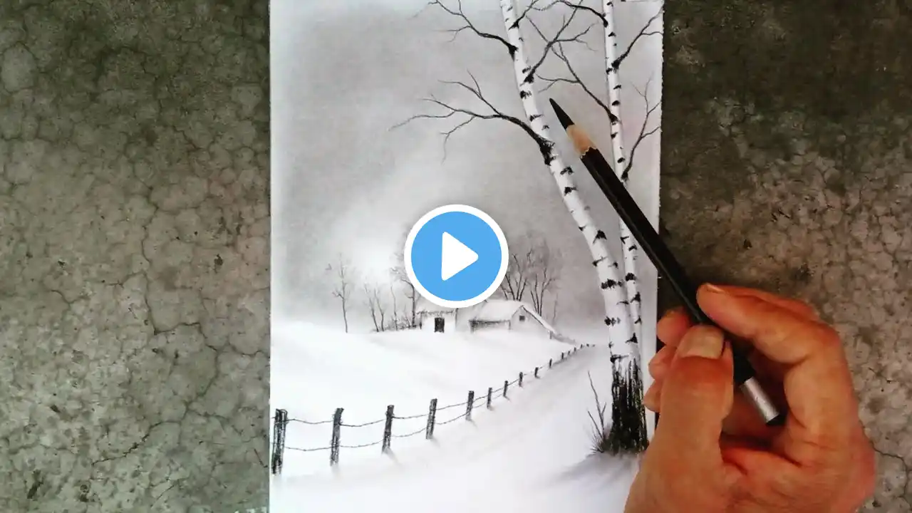 Birch tree landscape drawing for beginners by pencil.