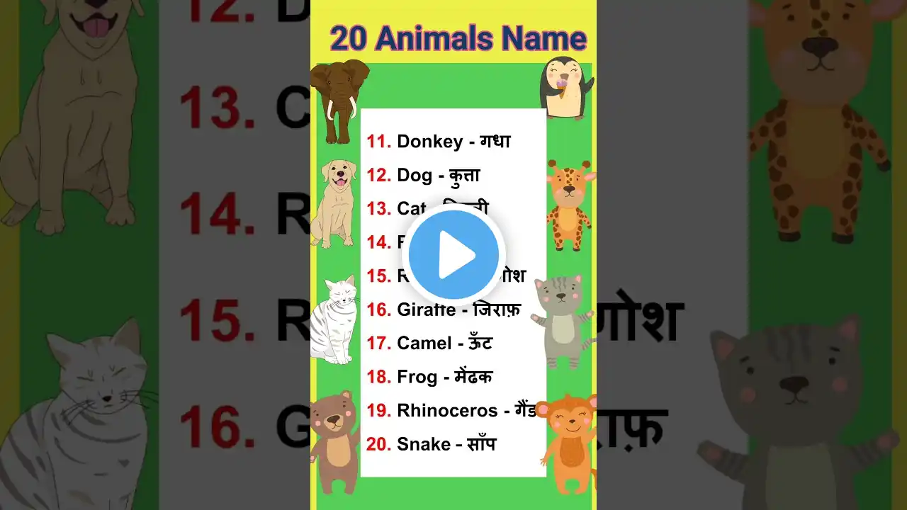 20 Animals Name | Animals name in Hindi and english | जानवरों के नाम | Animals name