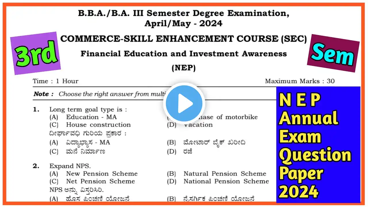 3rd Sem Financial Education And Investment Awareness O E N E P Annual Exam Question Paper 2024