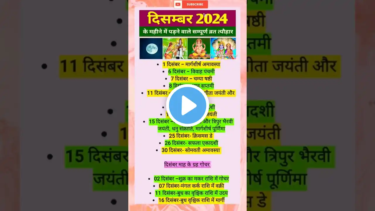 December 2024 Vrat Tyohar List| दिसंबर में आएंगे ये सभी त्योहार, देखें संपूर्ण लिस्ट#shorts #share