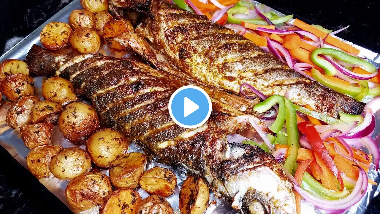 Tasty Oven Grilled Sea Bass Fish | Crispy Butter Potatoes | Mixed Vegetables