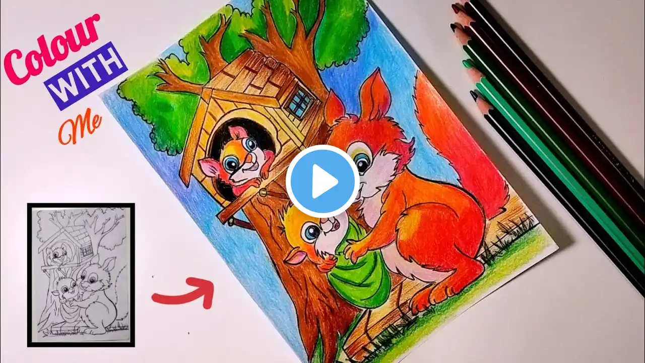 How to Colour Easy And Cute Squirrel Family  | Step By Step Tutorial for Beginners | Pencil Colour