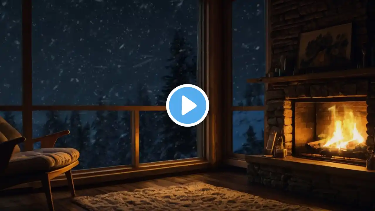 The ambiance felt from the window of the cabin on a cold snowy winter day | Warm, relaxing fireplace