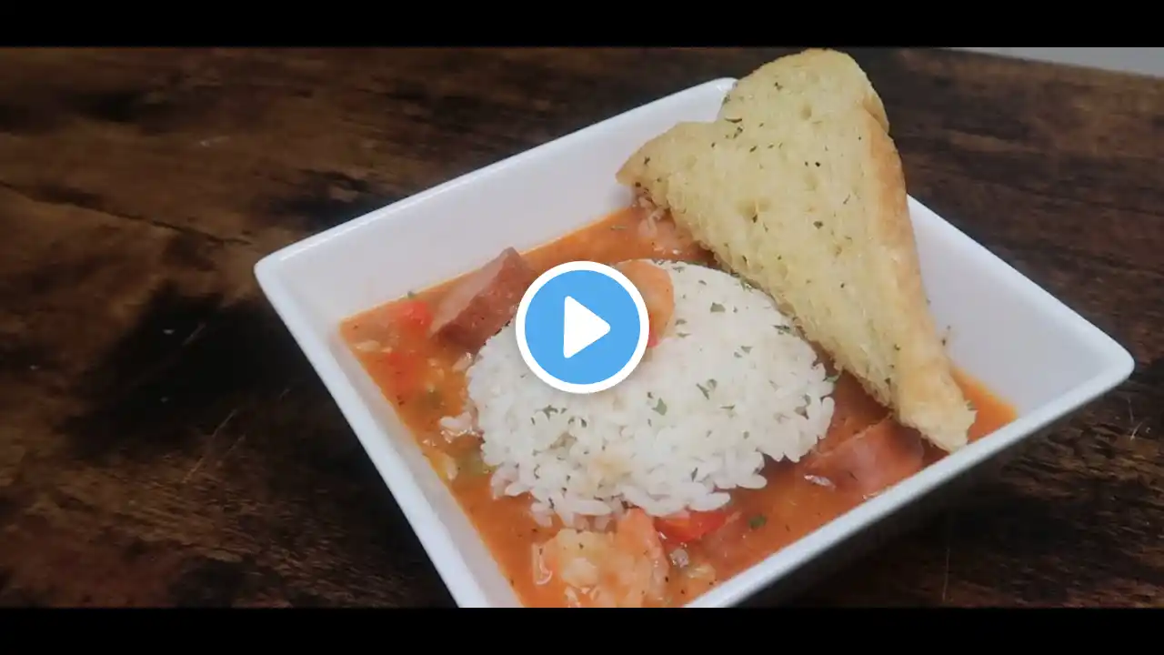 Make This Delicious Shrimp and Sausage Jambalaya Soup with Garlic Bread in Under 30 Minutes!