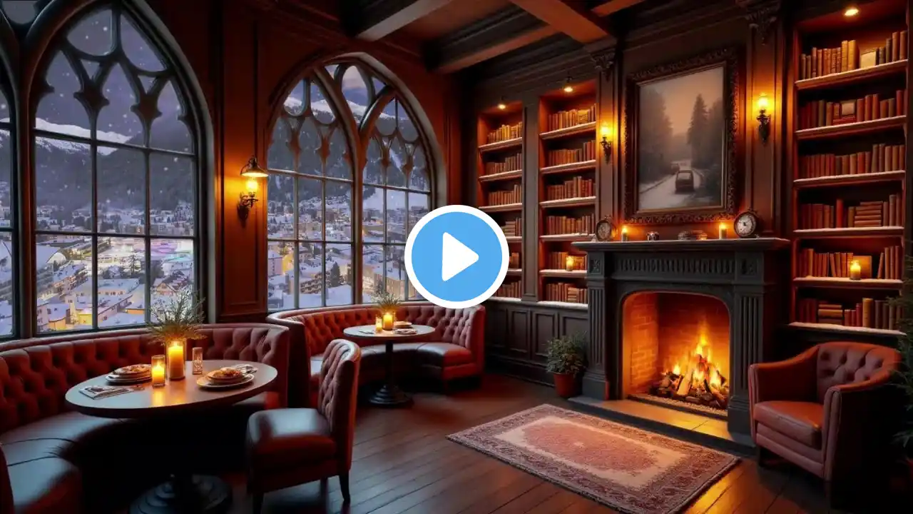 Cozy Winter Coffee Shop Ambience with Warm Jazz Music & Crackling Fireplace to Relaxing, Study, Work