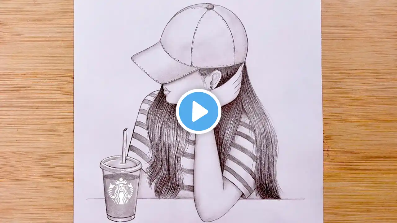 How to draw A girl with Starbucks Iced Coffee - step by step || Pencil Sketch for beginners